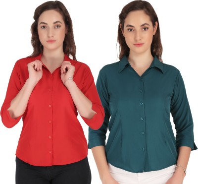 Giggles Women Solid Casual Green, Red Shirt(Pack of 2)