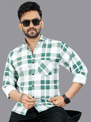 allan peter Men Checkered Casual Green, White Shirt