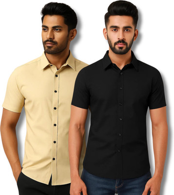 RAREMARK Men Solid Formal Beige, Black Shirt(Pack of 2)