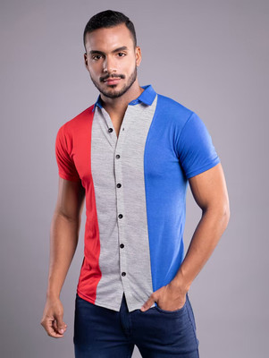 GEUM Men Self Design Casual Red, Silver, Blue Shirt
