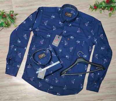 Elanpro Men Floral Print Casual Blue Shirt