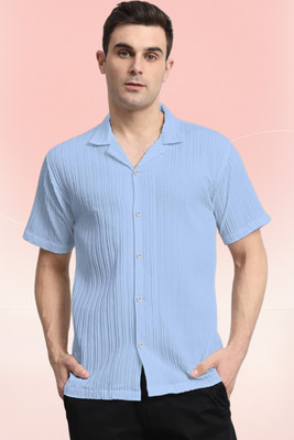 A DEEMOON TREND Men Striped, Self Design, Solid Casual Light Blue Shirt