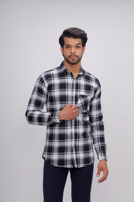 goodlucklife Men Checkered Casual White Shirt