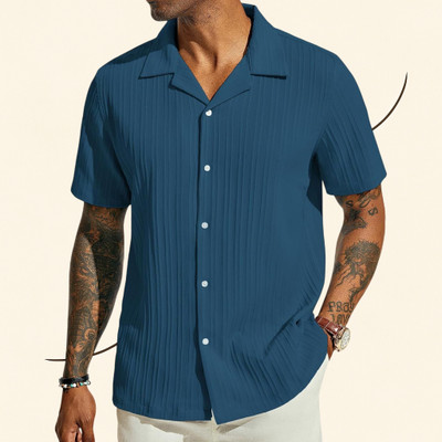 A COMBRAIDED Men Self Design Casual Blue Shirt
