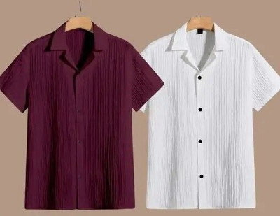 VRLOOKS Men Self Design Casual White, Black Shirt(Pack of 2)