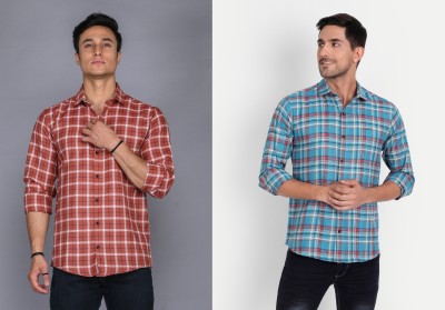 ANP BHIRIKA Men Checkered Casual Maroon, Blue Shirt(Pack of 2)