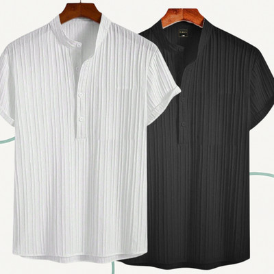 Looksky Men Self Design Casual White, Black Shirt(Pack of 2)
