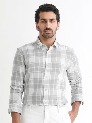 RARE RABBIT Men Checkered Casual Grey, White Shirt