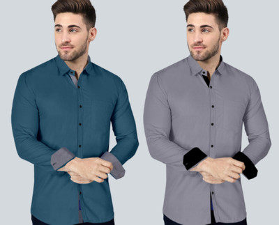 VTEXX Men Solid Casual Blue, Grey Shirt(Pack of 2)