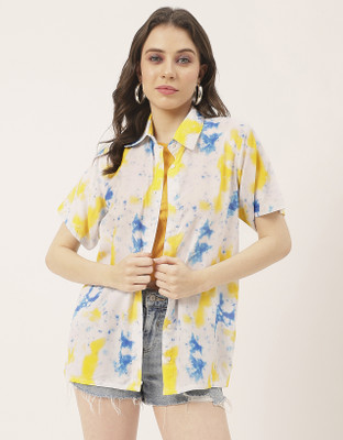 moomaya Women Dyed/Ombre Casual White, Yellow, Light Blue Shirt