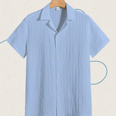 A DEEMOON TREND Men Self Design Casual Light Blue Shirt