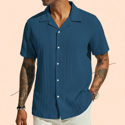 A COMBRAIDED Men Self Design Casual Blue Shirt