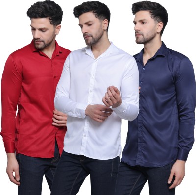 FILNECH Men Solid Casual Dark Blue, Red, White Shirt(Pack of 3)