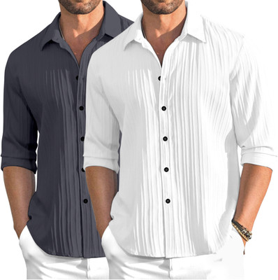 OXXOM Men Self Design, Striped Casual Grey, White Shirt(Pack of 2)