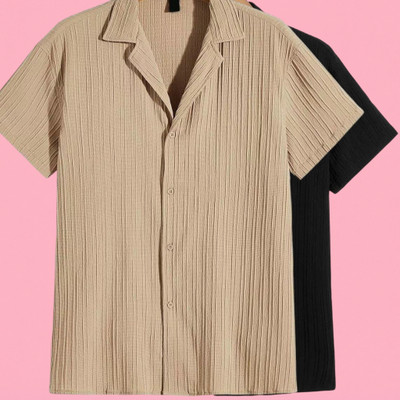 Looksky Men Self Design Casual Cream, Black Shirt