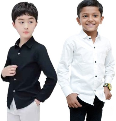 DIVINE FASHION Boys Solid Casual White, Dark Green Shirt(Pack of 2)
