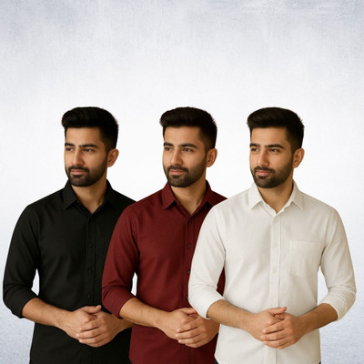 Nextfit Men Solid Casual Black, Maroon, White Shirt(Pack of 3)