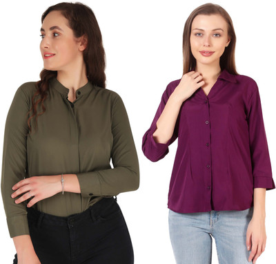 Miranga Women Solid Formal Green, Purple Shirt(Pack of 2)