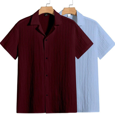 METRONAUT Men Self Design Casual Maroon, Light Blue Shirt(Pack of 2)