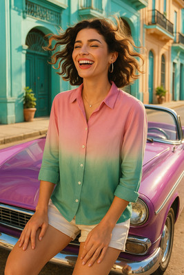 PinkTribe Women Dyed/Ombre Casual Pink, Green Shirt