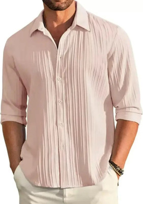 Voroxy Men Self Design Casual Beige Shirt