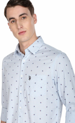 U.S. POLO ASSN. Men Checkered Casual Light Blue, White, Dark Blue Shirt