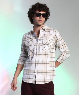 CAMPUS SUTRA Men Checkered Casual Beige, White Shirt