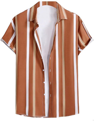 Radha Krishna Fashion Men Striped Casual Beige Shirt