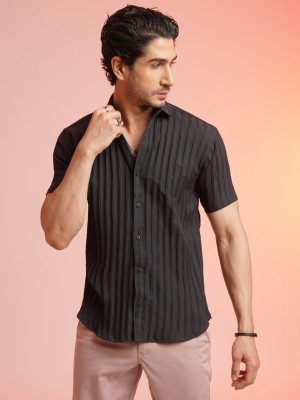 SATADHAR ENTERPRISE Men Solid, Striped Casual Black Shirt