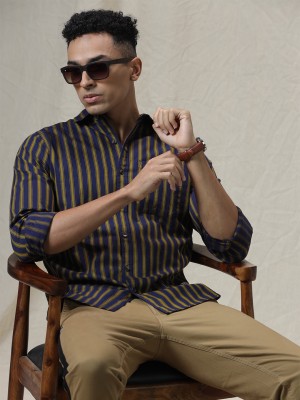 WROGN Men Striped Casual Dark Blue, Gold Shirt