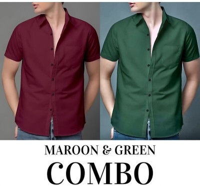 Osome Men Solid Casual Green, Red Shirt(Pack of 2)