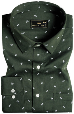 french crown Men Printed Casual Dark Green, White Shirt