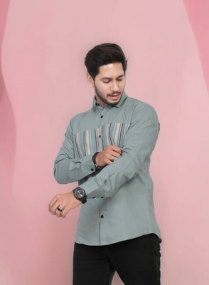 U AND J TREND Men Striped Casual Light Green Shirt