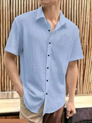 MUMIN Men Self Design Casual Light Blue Shirt