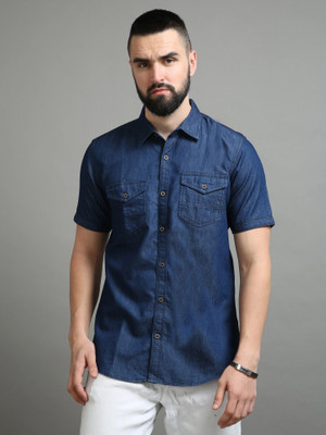 HouseOfCommon Men Self Design Casual Dark Blue Shirt