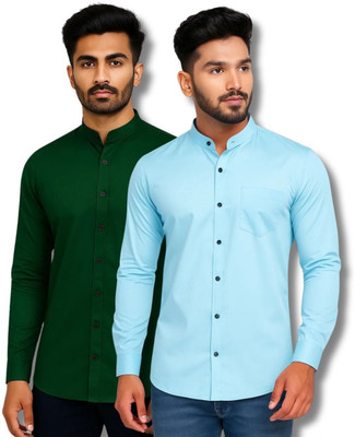 CROWNTAIL Men Solid Casual Green, Light Blue Shirt(Pack of 2)