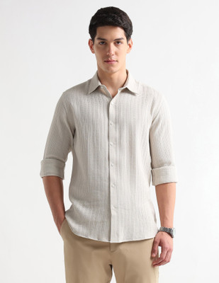 ARROW Men Self Design Casual Beige Shirt