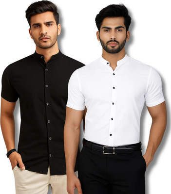 GOD HEART Men Solid Casual Black, White Shirt(Pack of 2)