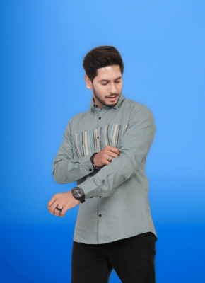 U AND J TREND Men Printed, Striped Casual Light Green Shirt