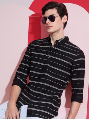 HIGHLANDER Men Striped Casual Black Shirt