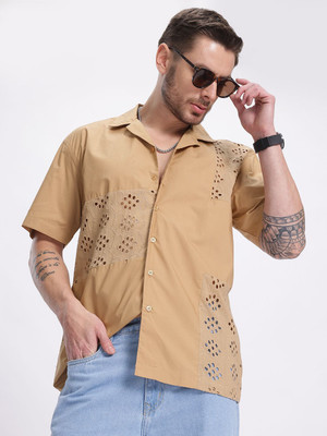 Glitchez Men Self Design Casual Brown Shirt