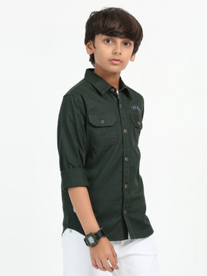 ROCKET SCIENCE Boys Solid Casual Dark Green Shirt