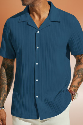 A DEEMOON TREND Men Self Design Casual Blue Shirt