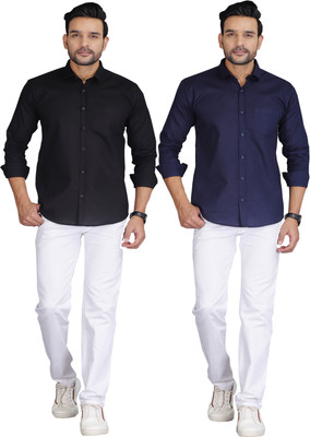 FAVNIC Men Solid Casual Black, Dark Blue Shirt(Pack of 2)