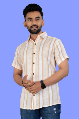 HEJAMAA CREATION Men Self Design Casual Beige Shirt