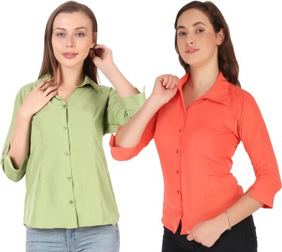 Hunoor Women Solid Casual Light Green, Orange Shirt(Pack of 2)