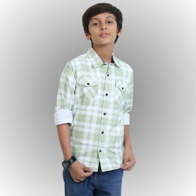 ROCKET SCIENCE Boys Checkered Casual Light Green Shirt