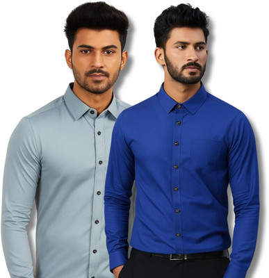ClothTheory Men Solid Casual Grey, Dark Blue Shirt(Pack of 2)
