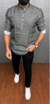 RandomStyle Men Printed Straight Kurta(Dark Blue, Yellow, White)