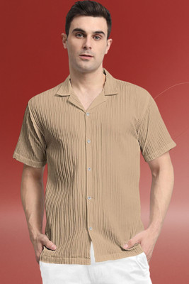 A DEEMOON TREND Men Self Design Casual Cream Shirt